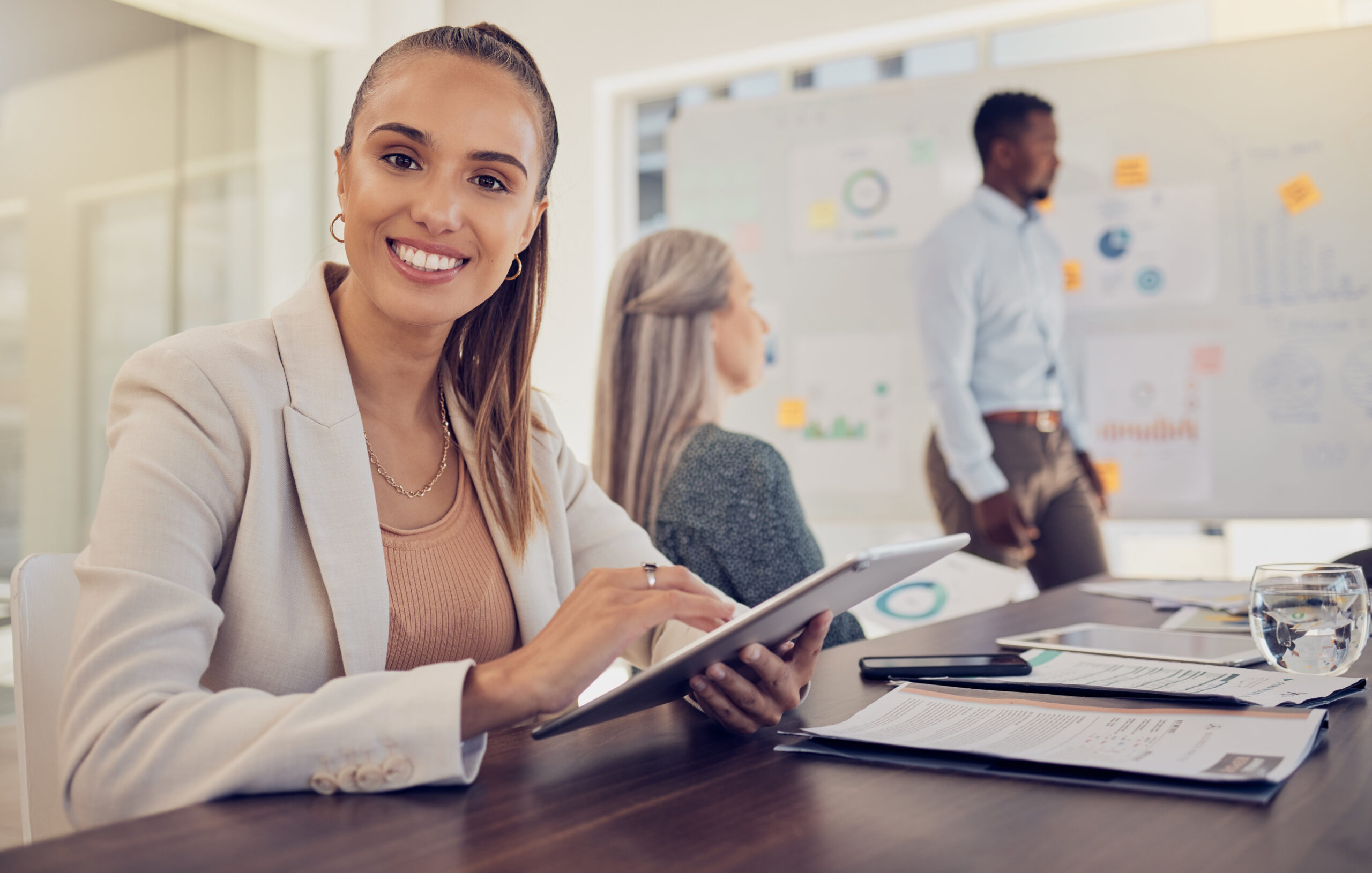 Strategy, planning and business people meeting for digital marketing analytics, profit review and company budget with employee portrait. Tablet, whiteboard and presentation team with innovation idea.